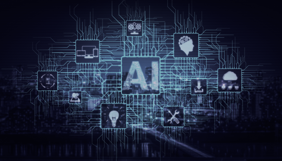 하이브리드 AI가 산업을 혁신하는 추상적인 이미지